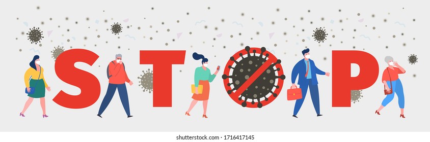Concept of keep distance. Sad people wearing protective face masks. Stop 2019-nCoV Novel Corona virus. Flat design, vector illustration.
