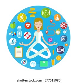 Concept for keeping fit, weight loss, fitness, dieting, nutrition regime, healthy lifestyle. Flat design colorful vector illustration 