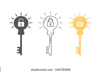 Concept of Key Idea. Light bulb, lock and key icon set. Flat style illustration. Isolated on white background. 