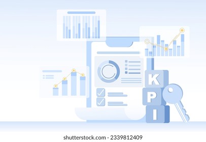 Concept of key performance indicators (KPI). Infographic data analysis, marketing plan, management strategy, competition, opportunity for achieve success. Flat vector design illustration.