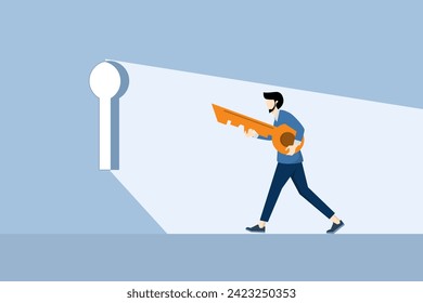 Concept of key to success, secret of open door to develop business, career path opportunity or goal achievement, confident businessman holding golden key and running to keyhole to achieve target.