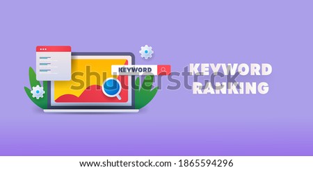 Concept of Keyword ranking, Keyword analysis, SEO keyword optimization - vector illustration with icons on isolated background