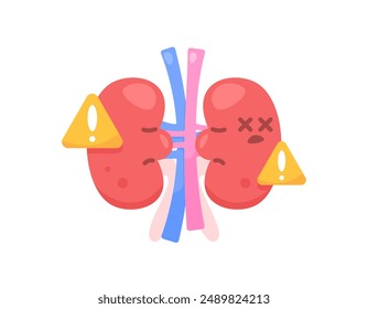 Konzept der Niereninsuffizienz, der Nierenprobleme oder -störungen. Illustration des Nierenorgans mit einem toten Gesichtsausdruck und einem Warnsymbol. Flaches Design. grafische Elemente