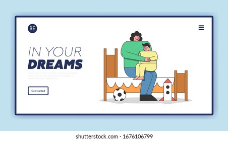 Concept Of Kids Bad Dreams, Imagination And Nightmares. Website Landing Page. Scared Of Nightmare Boy Is Sitting On Mother s Knees And Crying. Cartoon Linear Outline Flat Vector Illustration
