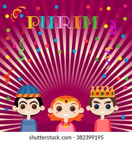 Concept of Kids Carnival on Happy Purim Holiday. Poster background for family Purim party. Jewish holiday/kinds masquerade with masks/costumes on Purim festival celebration. Vector Illustration.