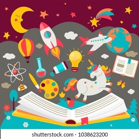 Concept of kids dreams while reading the book. ?hildren's imagination makes fairy tales real. Open book with many fabulous elements. Vector illustration in flat style.