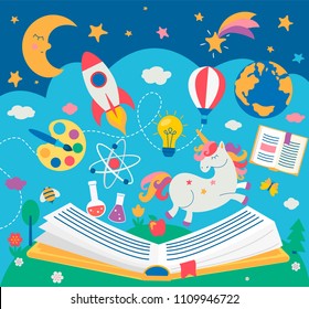 Concept of kids education while reading the book. Open book with many school supplies elements. Vector illustration in flat style.