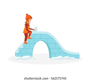 Concept - kids favorite winter activities. Girl in winter clothes gets on the ice hill to ride on it. Vector illustration. Can be used in banner, mobile app, design.