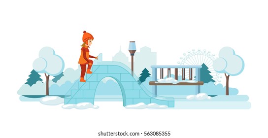 Concept - kids favorite winter activities. Girl in winter clothes gets on the ice hill to ride on it. Vector illustration. Can be used in banner, mobile app, design.