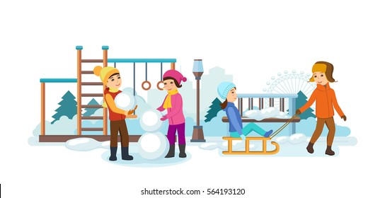 Concept - kids favorite winter activities. The children play in the playground, sledding, making snowmen, having fun and smiling. Vector illustration. Can be used in banner, mobile app.