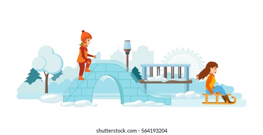 Concept - kids favorite winter activities. Girl in winter clothes gets on the ice hill to ride on it. Vector illustration. Can be used in banner, mobile app, design.