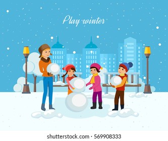 Concept - kids favorite winter activities. Young children in winter clothes, sculpt a snowman in a good mood and with a smile on his face. Vector illustration. Can be used in banner, mobile app.