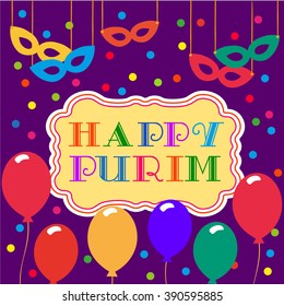 Concept of Kids masquerade Happy Purim Holiday carnival. Template for card/advertisement Purim festival party. Carnival element balloon, mask, confetti. Holiday festive greeting Vector Illustration