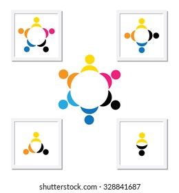 Concept of kids playing, teamwork and diversity. The logo template contains kids holding hands & forming a circle & can also represent concept of corporate team and teamwork & also people diversity
