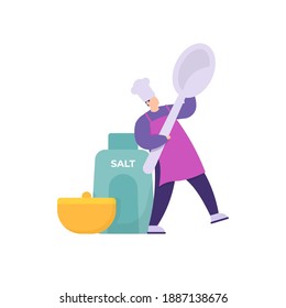 a concept of a kitchen staff, cook, chef, cooking assistant. illustration of a male worker holding a spoon and standing next to a salt bottle and spice container. flat style. vector design elements