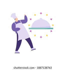 a concept of a kitchen staff, cook, chef, cooking assistant. illustration of a male worker presenting an extraordinary meal or dish or a special menu. flat style. vector design elements
