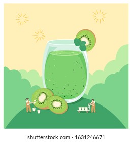 Concept of kiwi fruit juice.Tiny people working around kiwi fruit.Big glasses of kiwi juice. Flat Vector Illustration.