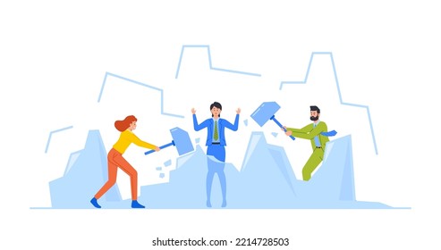 Concept Of Knowing Each Member And Warm Up For Participants Meeting. Characters Ice Breaking Activity, Game or Event. Icebreaker People Team Using Sledgehammer Hit Ice. Cartoon Vector Illustration