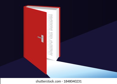 Concept of knowledge with a book that opens as an open door to knowledge symbolized by light.