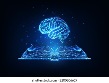 Concept of knowledge, education with open book and human brain in futuristic glowing style on blue