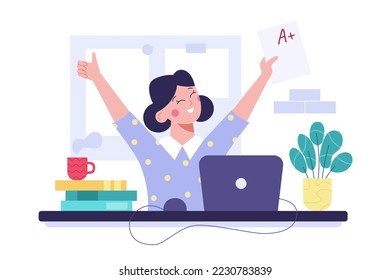 Concept of knowledge and education. Student girl happy with an excellent mark. Flat vector illustration.