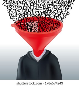 Concept of knowledge and knowledge with a pupil whose head has been replaced by a funnel, through which enters a multitude of letters and numbers.