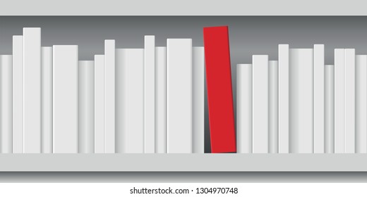 Concept of knowledge with a red book tidied on a bookshelf in the middle of white books of different sizes.