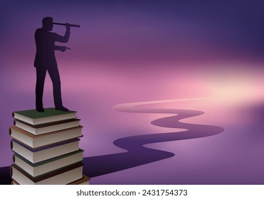 Concept of knowledge and knowledge, with the symbol of a man standing on a pile of books, looking at the horizon through a telescope.