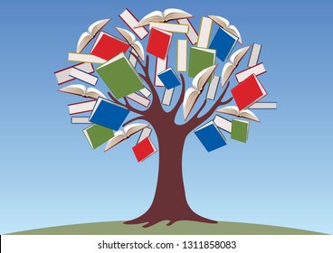 Concept of knowledge with a tree whose foliage is made of books to symbolize education and intelligence.