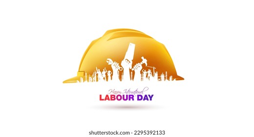 Concept of Labour Day celebration. Safety and health at work. A group of Labor, city skyline, real estate construction site on white background.