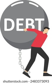the concept of lack of money and debt. Troubled young businessman lifting iron ball as debt on back feeling bad vector illustration