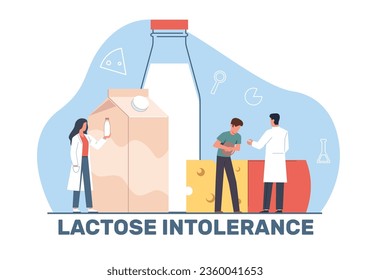 El hombre siente sensaciones desagradables en el estómago y consulta a su médico, a diferencia de la intolerancia a la lactosa. Enorme botella de leche y queso. Alergia a los productos lácteos. Ilustración vectorial aislada de dibujos animados