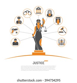 Concept With Lady Justice Statue And Flat Icons For Flyer, Poster, Web Site Like Policeman, Thief, Judge, And Prison.