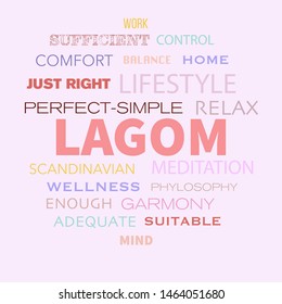 Concept of Lagom Scandinavian lifestyle philosophy. Scandinavian/ Swedish lifestyle. The concept of living in balance. text and lettering word collage in pastel colors . vector colorful  illustration 
