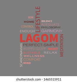 Concept of Lagom Scandinavian lifestyle philosophy. Scandinavian/ Swedish lifestyle. The concept of living in balance. text and lettering word collage in red colors . vector colorful  illustration 