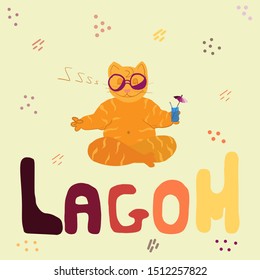 concept of Lagom Scandinavian philosophy. Langom as balance. Fat Red cute cat in sunglasses holds cocktail and  sitting on yoga pose. lettering. summertime vector illustration isolated on background. 