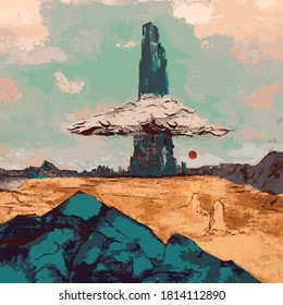 Concept land - Digital art with blue mountains