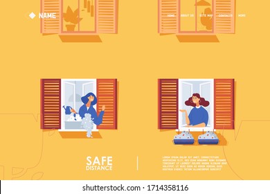 Concept landing page banner with women talking in windows. Social distance during covid-19 pandemic