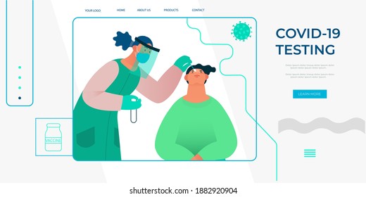 Concept for landing page or banners on covid-19 testing. Healthcare worker with protective equipment performs coronavirus swab on Caucasian man. Nose swab probe. Coronavirus testing. Vector illustrati