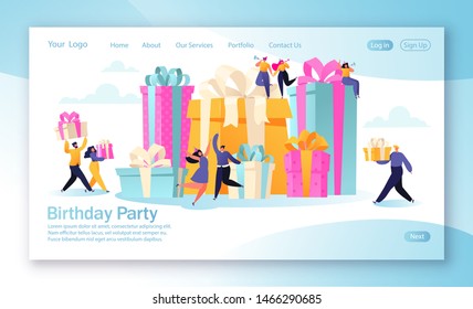 Concept Of Landing Page With Birthday Celebration Theme For Mobile Website Development And Web Page Design. Happy, Funny, Flat Cartoon, People Characters Carry Gifts, Blow Their Whistles And Dance. 