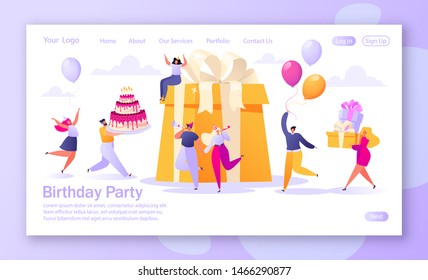 Concept landing page and birthday celebration theme for mobile website development   web page design  People carry gifts   big cake  blow their whistles  dance   celebrate the holiday  