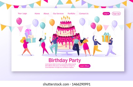 Concept landing page and birthday celebrations theme  People carry gifts  blow their whistles  dance   celebrate the holiday around big  bright  tasty cake and candles 