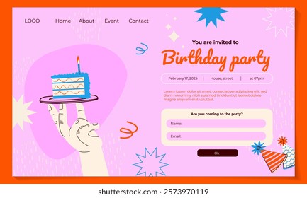 Concept of landing page with birthday celebrations theme. Hand holding a piece of tasty cake with candles. Abstract background for poster, business card, invitation, flyer, banner, email header
