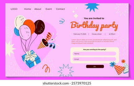 Concept of landing page with birthday celebrations theme. Gift box and confetti. Abstract background For poster, business card, invitation, flyer, banner, email header