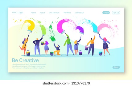 Concept of landing page with business creative teamwork. Creative people characters paints with brushes and paint rollers big white wall, They use bright colors, make bold expressive brushstrokes. 