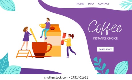 Concept of landing page with characters make morning coffee with milk for good mood in flat style. Wake up vector illustration with tiny people for web banner.