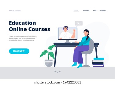 Concept of landing page with distance learning theme. A woman watches an online lesson at home. Vector flat illustration.