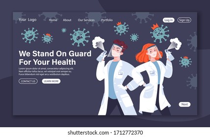 Concept of landing page with doctors against very angry coronavirus. Two medical workers in flat cartoon style wearing protective elements, face masks, gloves and protective shields on heads.