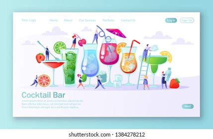 Concept of landing page with flat people characters, bartender, making bright and tasty cocktails using the bartender’s tools.Summer, refreshing and alcoholic cocktails with fruit, ice and mint leaves