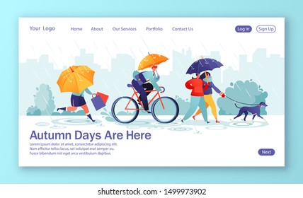 Concept of landing page with flat people characters walking under umbrella on autumn rainy day. Сouple walks dog, woman run with shopping purchases, businessman riding bicycle.Template for web design 